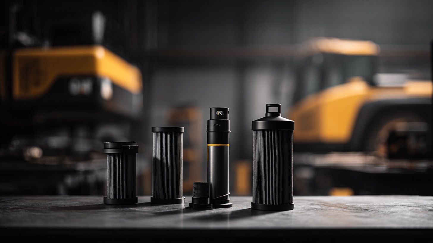 Zestaw filtrów do koparki Caterpillar — filtr oleju, paliwa, hydrauliczny i powietrza na warsztatowym stole