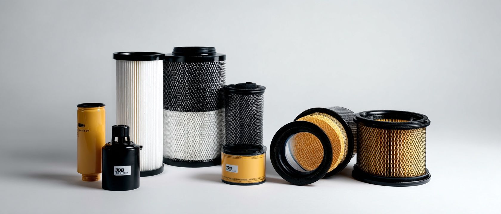Cztery typy filtrów do maszyn budowlanych — filtr paliwa, hydrauliczny, oleju i powietrza — ustawione obok siebie